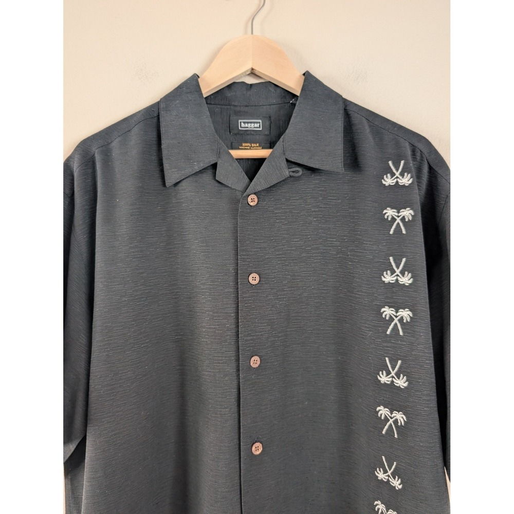 Haggar Mens‎ Black Silk Embroidered Palm Tree Shirt M Vacation Resort Beach Luau